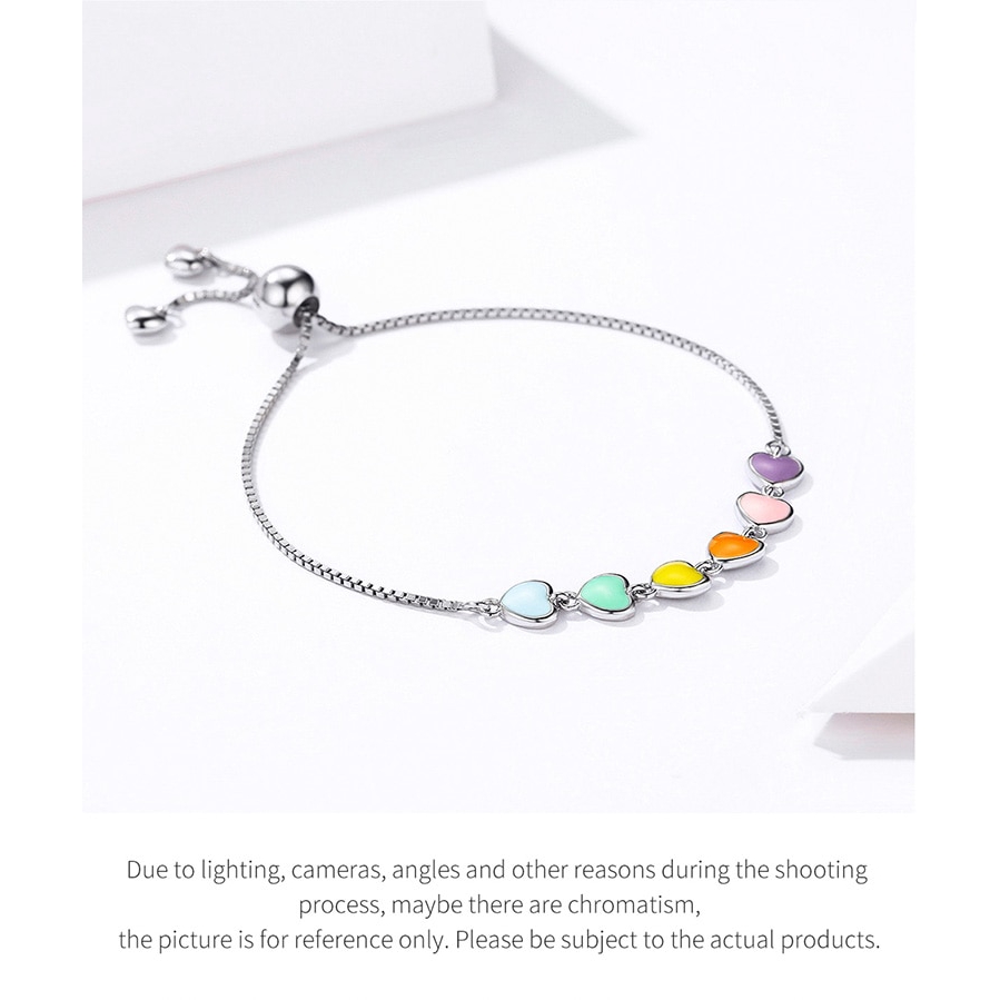 Vòng tay Bamoer SCB158 bằng bạc sterling 925 gắn trái tim lên men màu cầu vồng