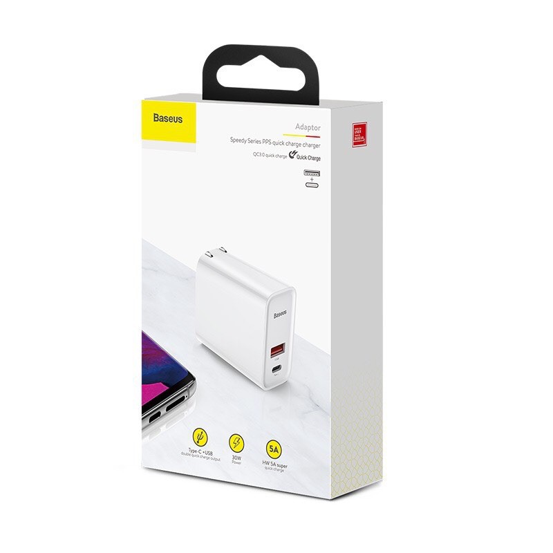 [Mã ELFLASH5 giảm 20K đơn 50K] ✅CỐC SẠC NHANH BASEUS 30W 2 CỔNG (TYPE C +USB) HW 5A SUPER QUICK CHARGE -Hàng Chính Hãng