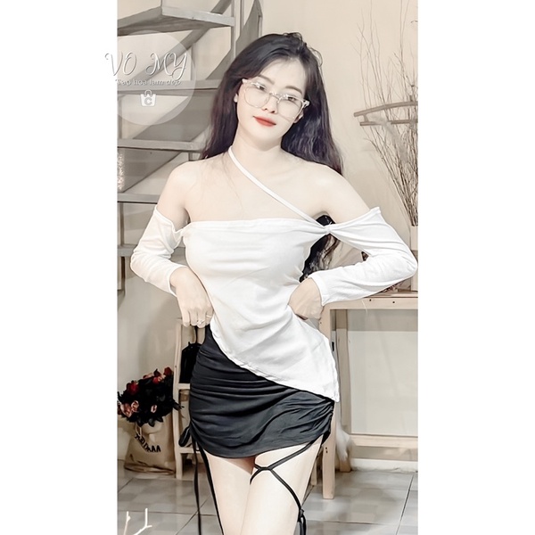 Set áo tay dài chéo dây phối chân váy rút