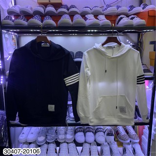 Áo nỉ mũ hoodie Thome tay kẻ viền sẵn 2 màu đen trắng_Áo nỉ thu đông nam nữ