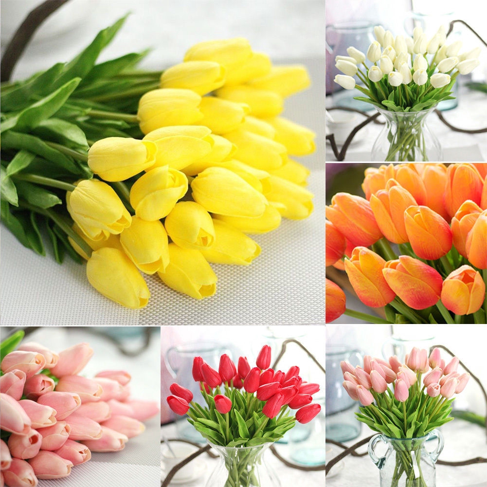Bộ 10 bông hoa tulip giả thiết kế trang trí nhà cửa phòng khách theo phong cách Châu Âu