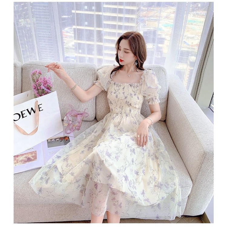Đầm hoa cổ vuông tay phồng chiết eo voan dáng dài Phong cách pháp Váy tiểu thư sang chảnh