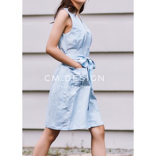 Đầm cổ chữ V CM Design linen thắt nơ eo (xanh nhạt)