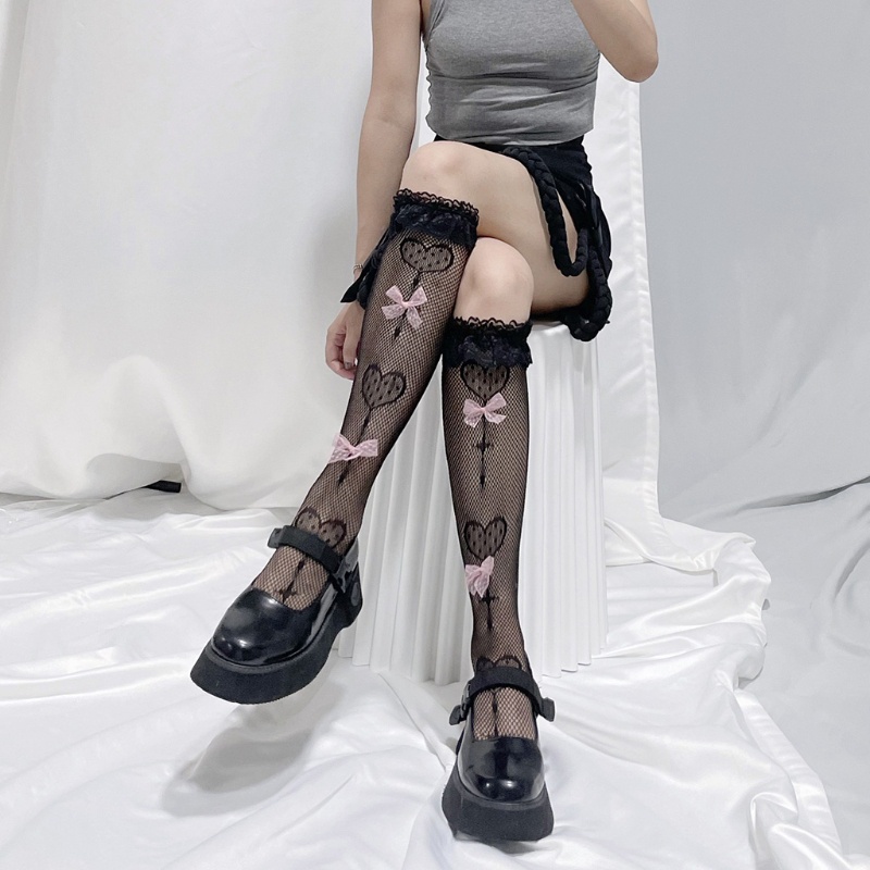 Vớ lưới cao tới gối họa tiết trái tim phối bèo ren đính nơ phong cách lolita gothic đáng yêu cho nữ