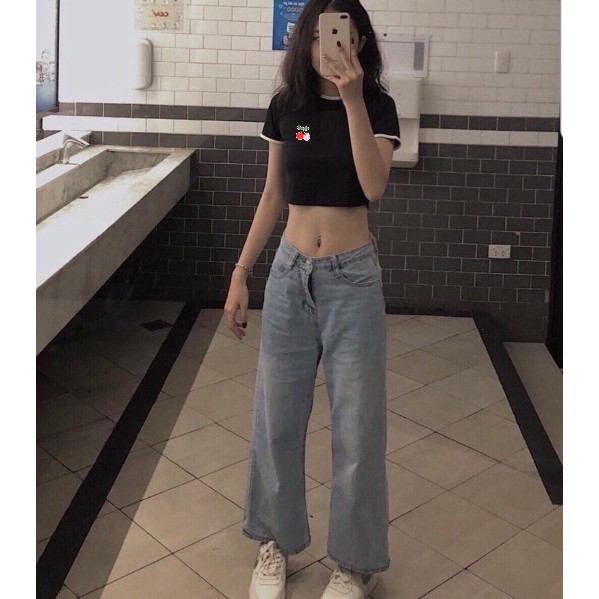 ÁO THUN CROPTOP ÔM BODY NGẮN CO GIÃN - ÁO KIỂU CRT ULZANG NGẮN TAY CỔ TRÒN THÊU HOA CHERRY NHỎ 69