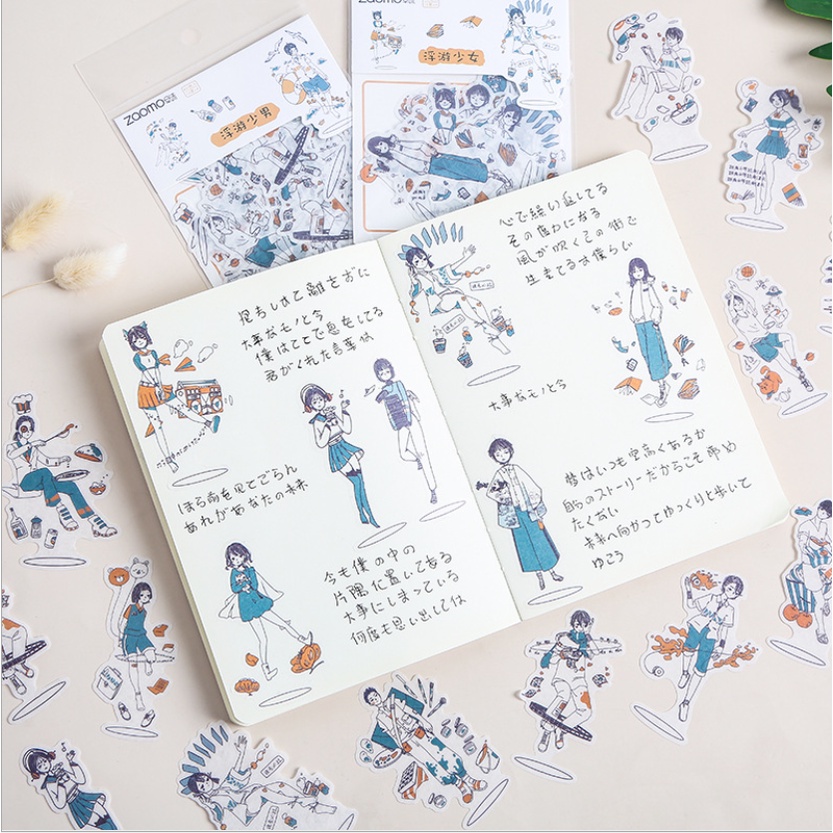 Set 10 hình dán sticker tông xanh cuộc sống cô gái xinh xắn đáng yêu trang trí nhật ký sổ tay vintage journal