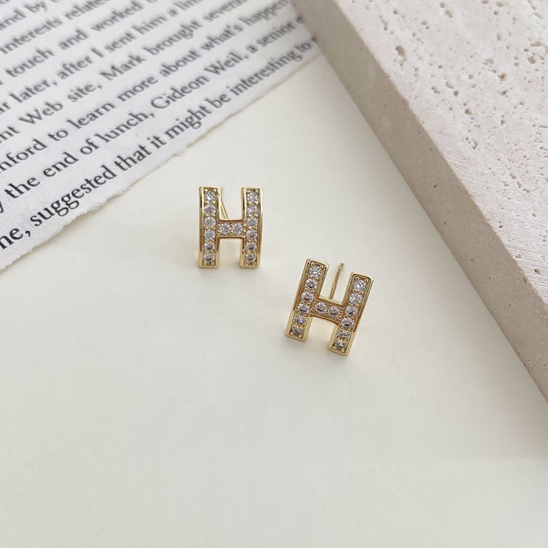 Hàng có sẵn Khuyên tai kim bạc 925 hình chữ H đính đá kim cương đơn giản tinh tế phong cách Hàn Quốc