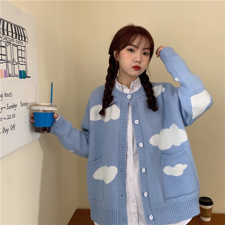 Áo Khoác Lông Frity Korean Blue Sky White Cloud Knitted Cardigan Female Loose Round Neck Student Sweater Coat