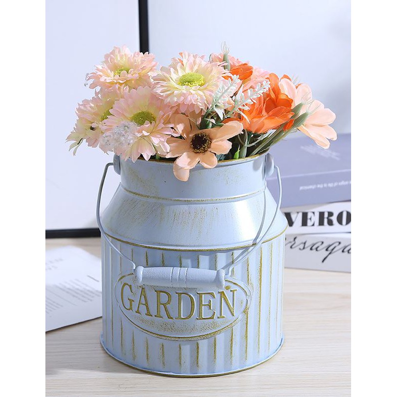 Bình cắm hoa thiếc có quai xách chậu phong cách Bắc Âu, xô sắt trồng hoa vintage