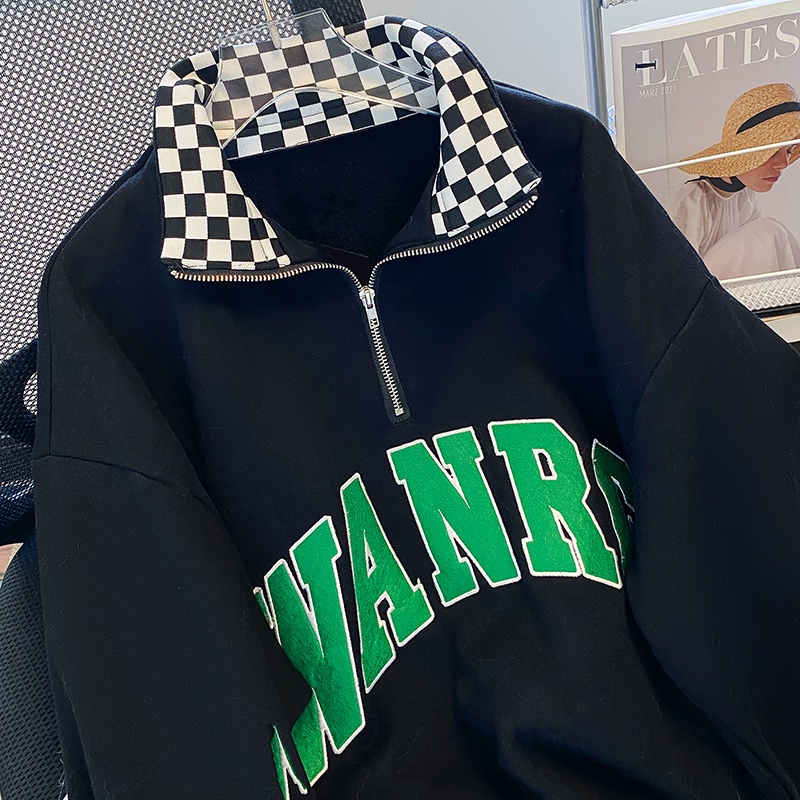 Áo thun polo ZHELIHANGFEI tay dài có dây kéo form rộng phong cách preppy Mỹ thời trang