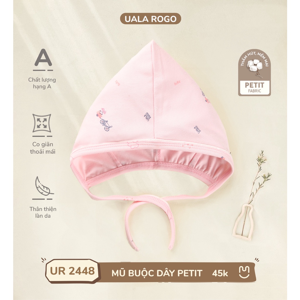 Mũ sơ sinh Uala Rogo tai thỏ thắt dây tùy chỉnh kích thước vải Petit cao cấp mềm mịn cho da trẻ em bé trai bé gái 2406