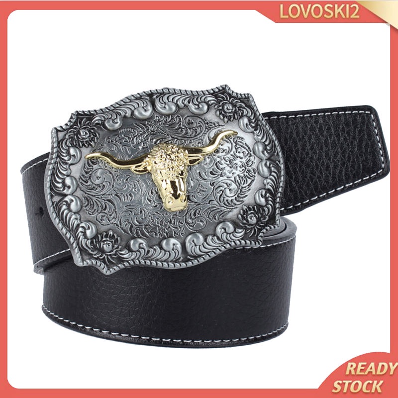 Mens Western Cowboy Leather Belt Waistband Arabesque Cow Head Buckle Black