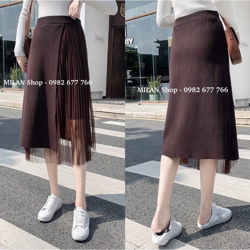 Chân váy len phối ren xếp ly dài qua gối thời trang