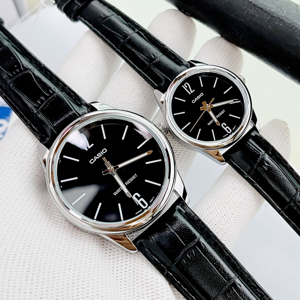Đồng hồ nam nữ - Đồng hồ đôi dây da mặt đen Casio V005L-1B chống nước 3ATM Bảo hành 1 năm Hyma watch