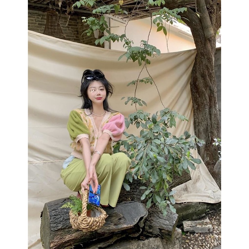 Áo Cardigan Dệt Kim Tay Ngắn Phồng Cổ Chữ V In Hoa Thời Trang Cho Nữ