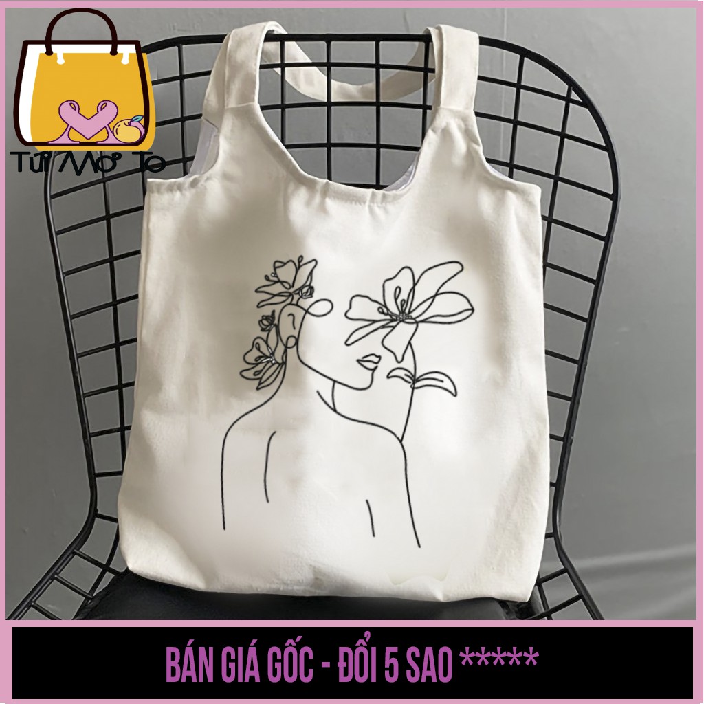 Túi tote vải canvas quai tròn có khóa kéo in hình cô gái đơn sắc - Túi Mơ To store