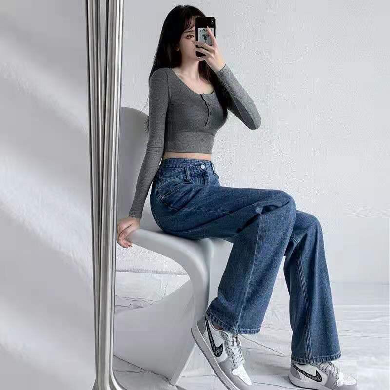 Quần jean ống rộng cạp cao khuy chéo phong cách retro nữ