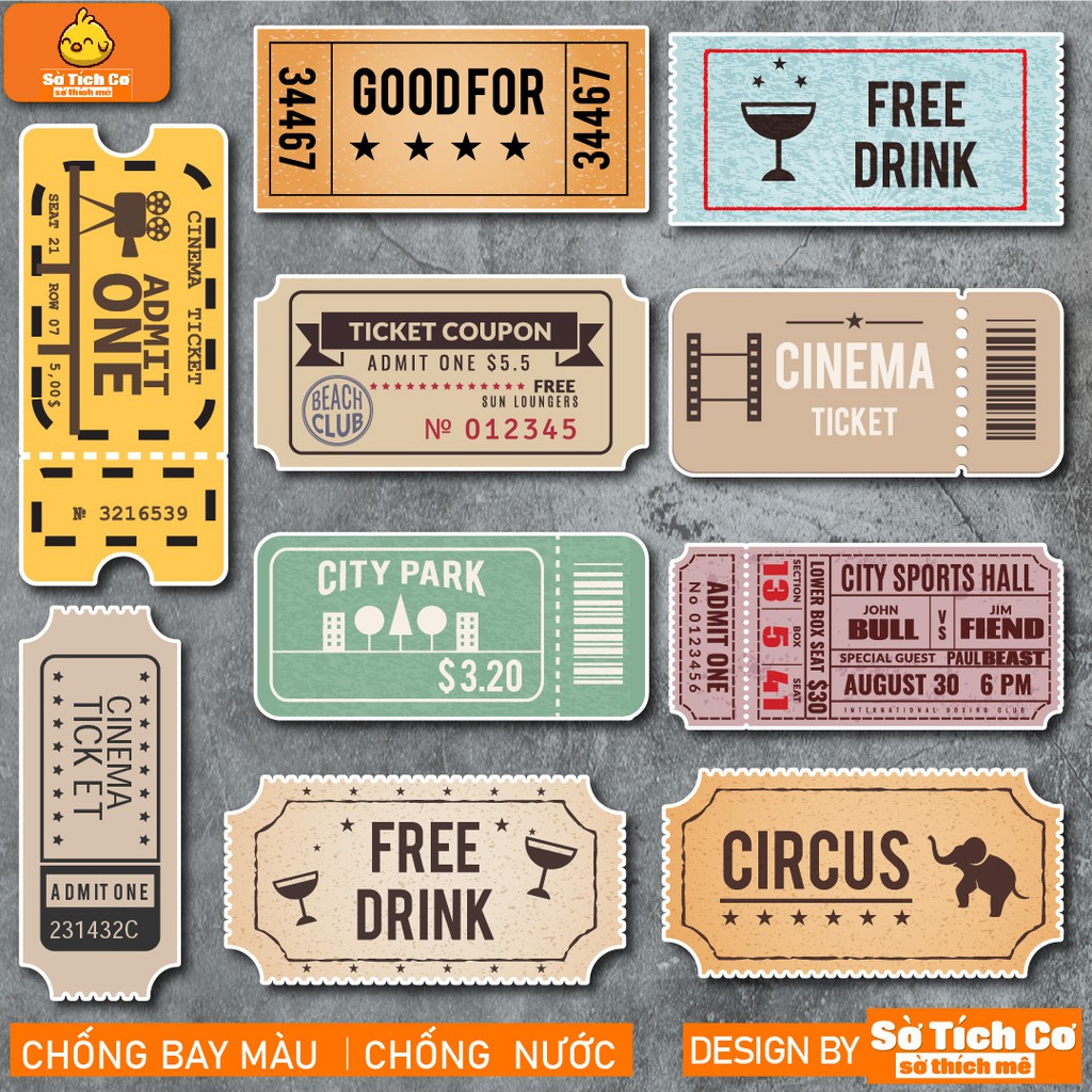 Vintage Ticket chống nước sticker dán laptop, điện thoại, đàn guitar, mũ bảo hiểm, vali. MSP: NS22