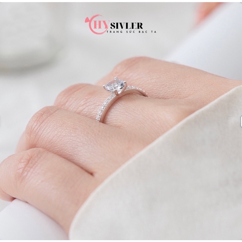 Nhẫn bạc ta nạm đá đá chủ 4 ly sáng đẹp nhẫn nữ đính đá bạc thật