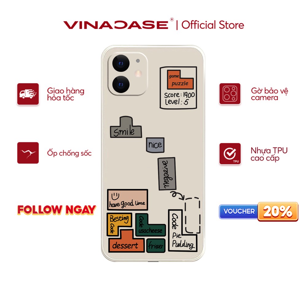 Ốp lưng Vina Case Iphone 6S/6 Plus/7G/8G/X/Xs/11/12/....dẻo cạnh vuông bảo vệ camera hình Xếp hình