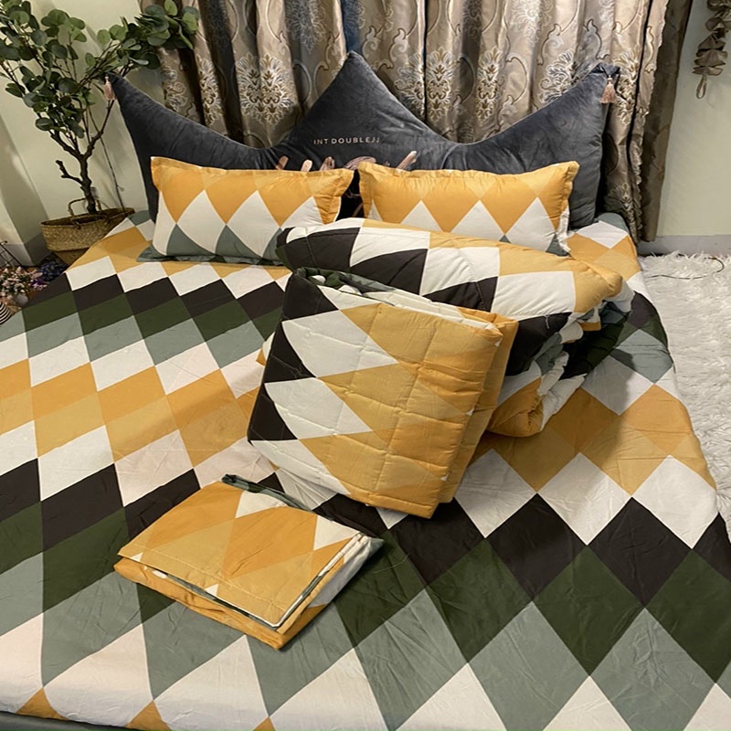 Set ga gối chăn hè chần bông Cotton 5 món Emmibedding Store, mẫu Kẻ sóng vàng mền cotton họa tiết đáng yêu