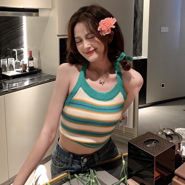 Áo cổ yếm ZHELIHANGFEI dệt kim dáng ngắn thời trang mùa hè 2022 cho nữ