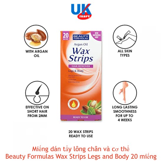 Miếng Dán Tẩy Lông Beauty Formulas Argan Oil Wax Strips Legs and Body