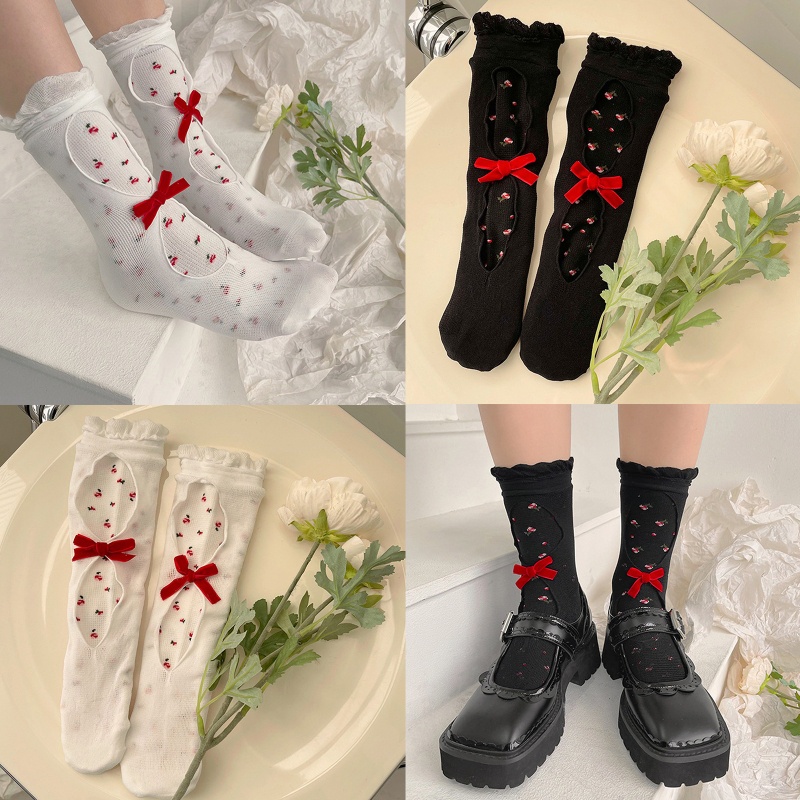 Youyo Vớ Lưới Hai Lớp Rỗng In Hoa Khoét Rỗng Viền Bèo Nhún Phong Cách Lolita Nhật Bản Ngọt Ngào Cho Nữ
