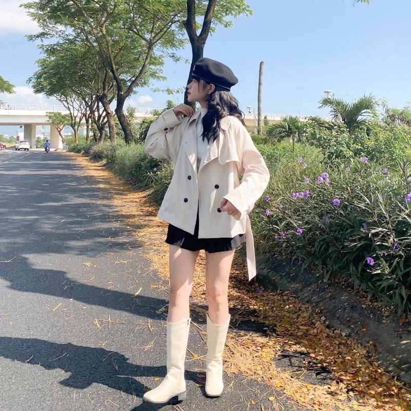 Áo mangto dáng ngắn kèm đai 2 màu