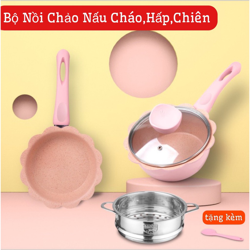 Bộ Nồi Chảo Nấu Cháo,Hấp,Chiên ,Xào Men Đá Chống Dính Nấu Ăn Cho Bé Ăn Dặm -Kèm Chảo Và Xửng Hấp INOX Cho Bé