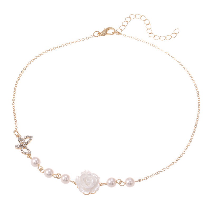 Dây Chuyền Choker Hoa Hồng Trắng Phối Hình Bướm Đính Đá - Vani Store