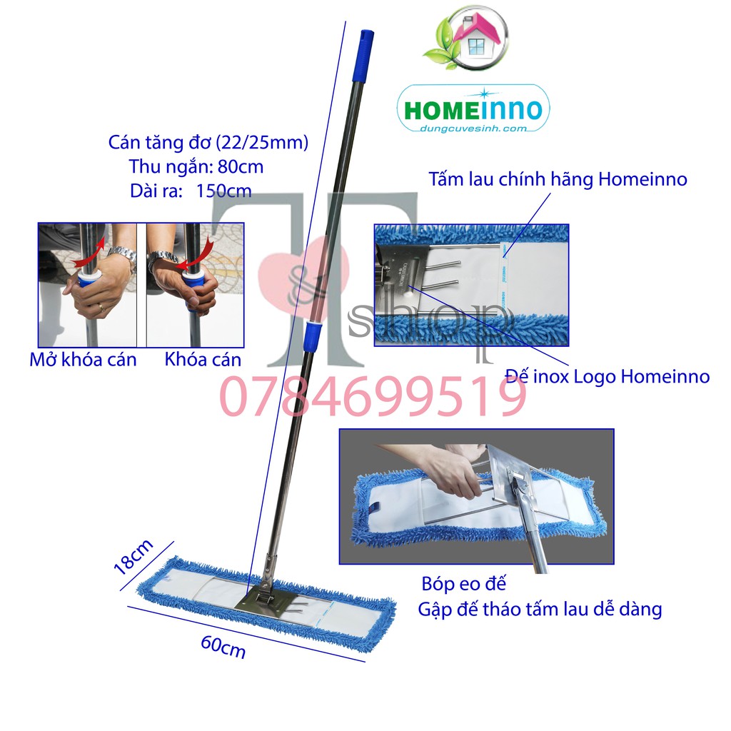 Cây Lau Nhà Công Nghiệp Gọng Inox Microfiber San Hô 60cm Homeinno Cán Rút Loại Bẻ Kích Thước 85-150cm (Có Sẵn Tấm Lau)