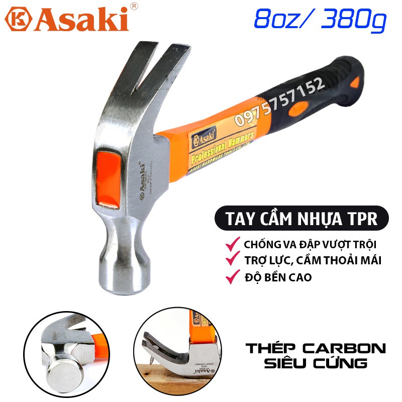 Búa nhổ đinh, búa đóng đinh đa năng Asaki AK-9545 8oz/ 380g, thép Carbon siêu cứng, tay nhựa TPR trợ lực, độ ổn định cao