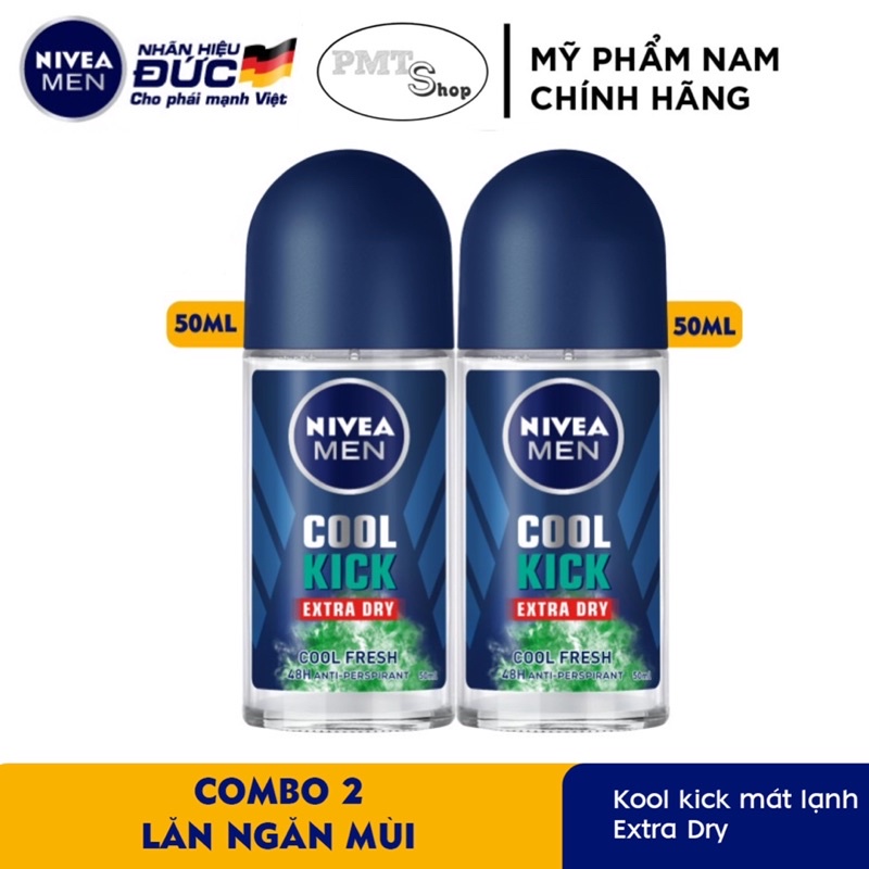 Combo 2 lăn ngăn mùi NIVEA MEN Cool Kick 50ml Mát Lạnh - Thơm sảng khoái Extra Dry Cool Fresh