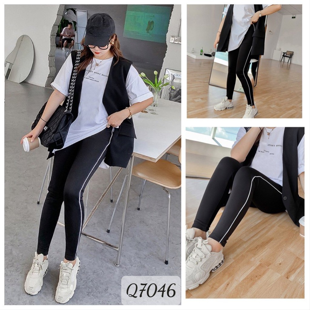 7046 Quần legging BIG SIZE kiểu quần leg viền sọc có túi thun cotton co giãn 4 chiều