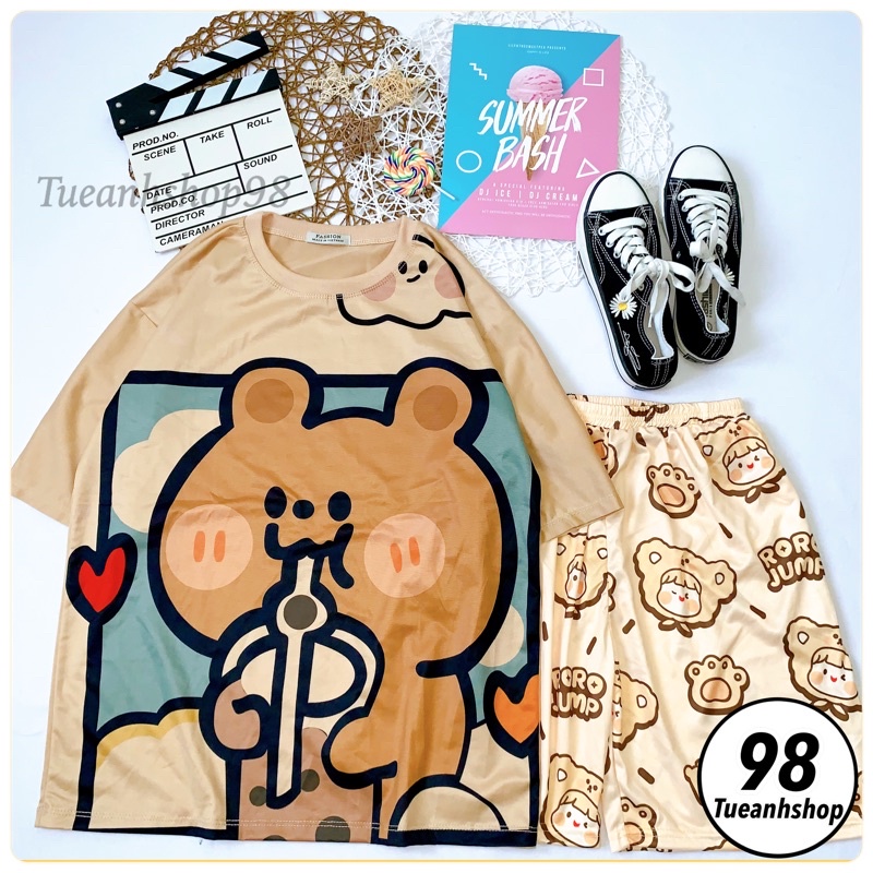 Set đồ bộ hoạt hình nam nữ form rộng Unisex TUEANHSHOP - Bộ mặc nhà Áo thun Quần đùi Freesize 38-70kg