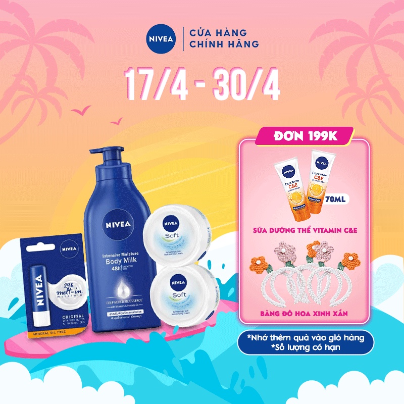 Bộ dưỡng ẩm chuyên sâu &amp; phục hồi da khô NIVEA: Dưỡng thể dưỡng ẩm 600ml, Kem làm mềm da (50ml x 2) &amp; Son dưỡng môi 4.8g