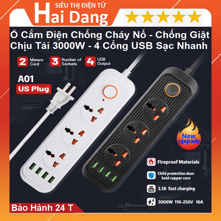 Ổ Cắm Điện Đa Năng Chống Cháy Nổ A01, Chống Giật - Kiêm 4 Cổng USB Sạc Nhanh QC3.0 - Chịu Tải 3000W - Bảo Hành 24 Tháng