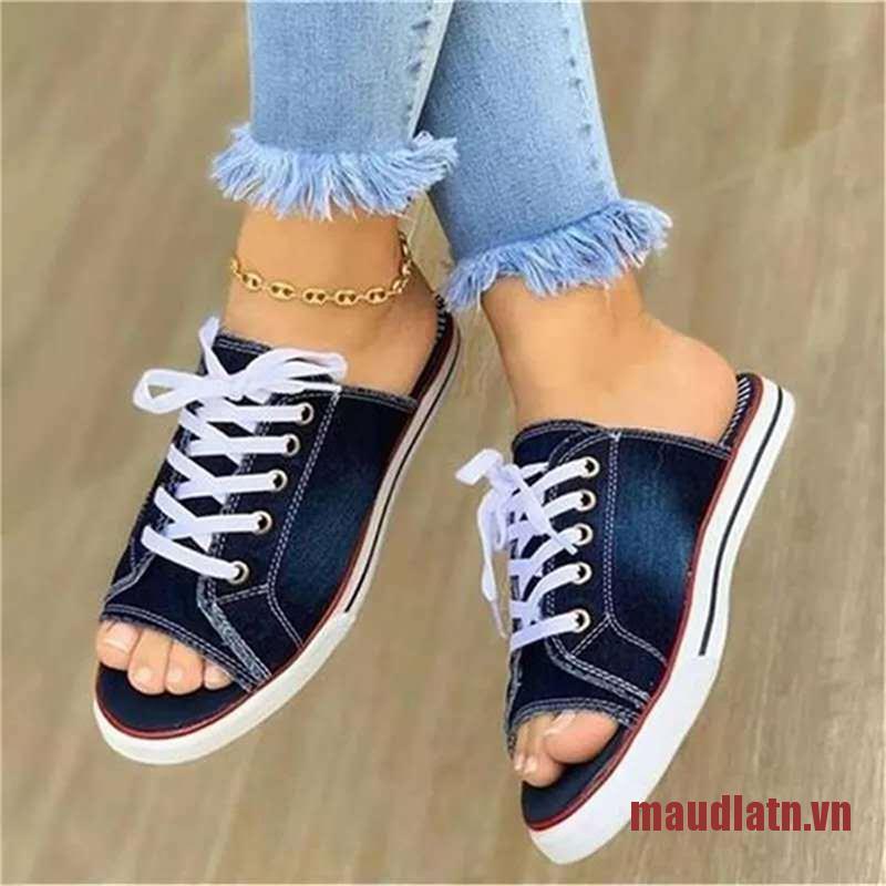 DLATN Canvas Flat Slipper Ladies Peep Toe Casual Fashion Denim Beach Shoes