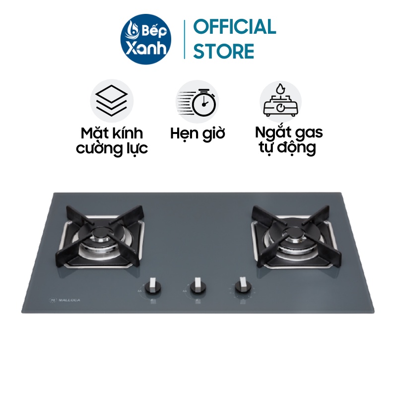 [FREESHIP HCM] Bếp gas âm 2 gas Malloca AS 9602DG - Mâm đốt Sabaf Ý - Kiềng gang - Có Hẹn Giờ
