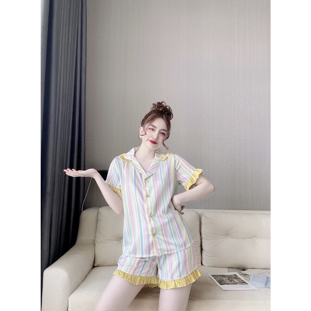 🌸 Vải xịn 🌸  Bộ đồ mặc nhà Pijama sleepwear lụa cao cấp tay nhún quần đùi cộc mặc bao mát mùa hè
