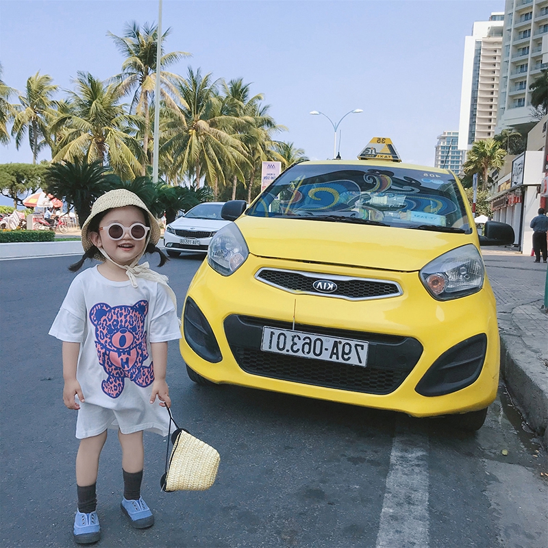 Đầm thun tay ngắn in họa tiết đáng yêu cho bé gái