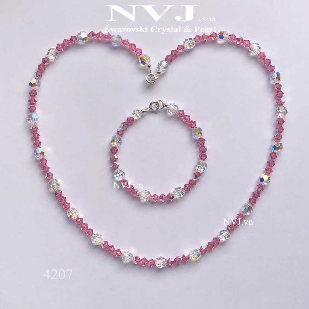 Bộ trang sức trẻ em pha lê Swarovski cao cấp, an toàn màu hồng siêu đáng yêu cho bé gái (vòng tay + vòng cổ)