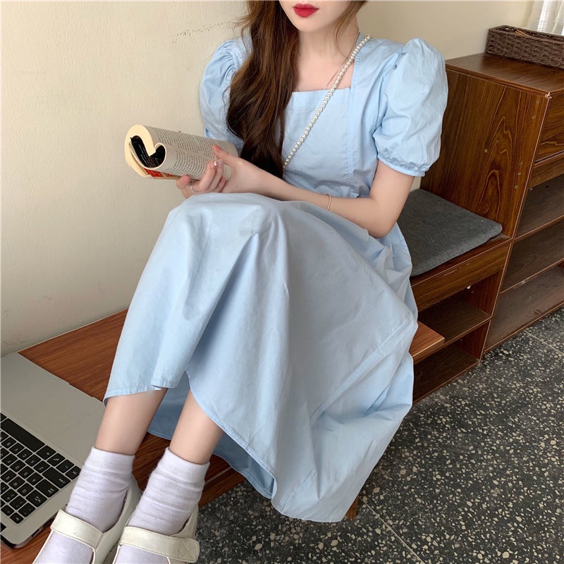 Đầm Tay Phồng Ngắn Cổ Vuông Chiết Eo Phong Cách Hàn Quốc