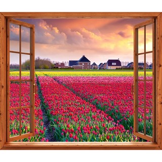 Tranh dán tường cửa sổ gỗ 3D cánh đồng hoa VTC GO0180-1 kim sa