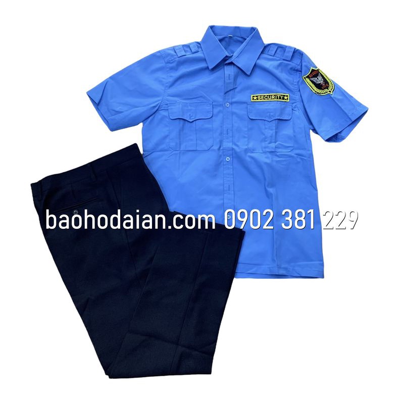 Quần áo bảo vệ màu xanh cộc tay kèm logo tay ngực (quần casme, áo vải xi)