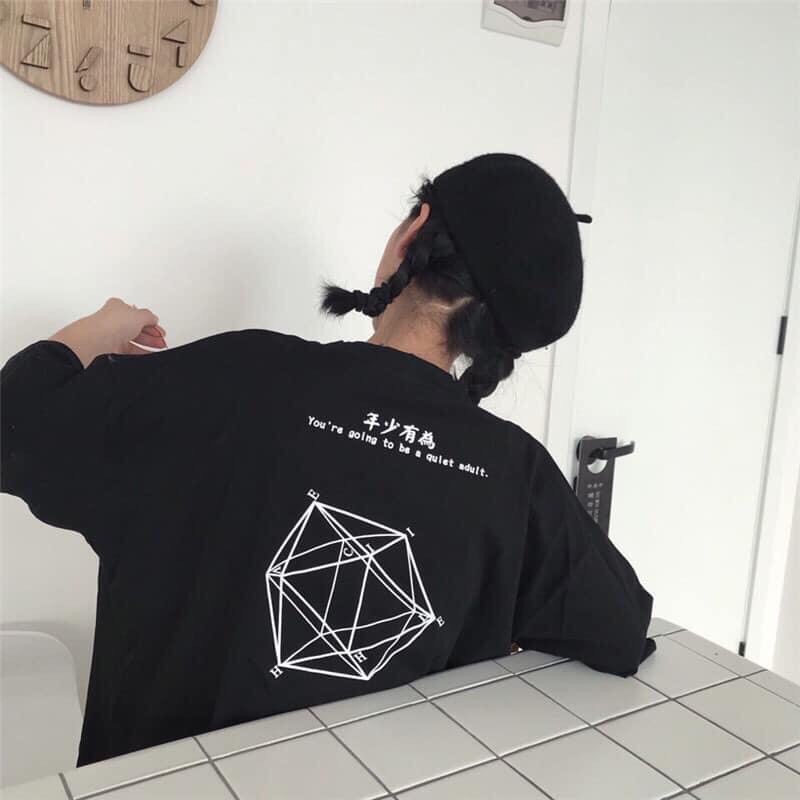 [ Ảnh thật ] Áo thun tay lỡ phông rộng họa tiết in lục giác hình học - Unisex nam nữ đều mặc được