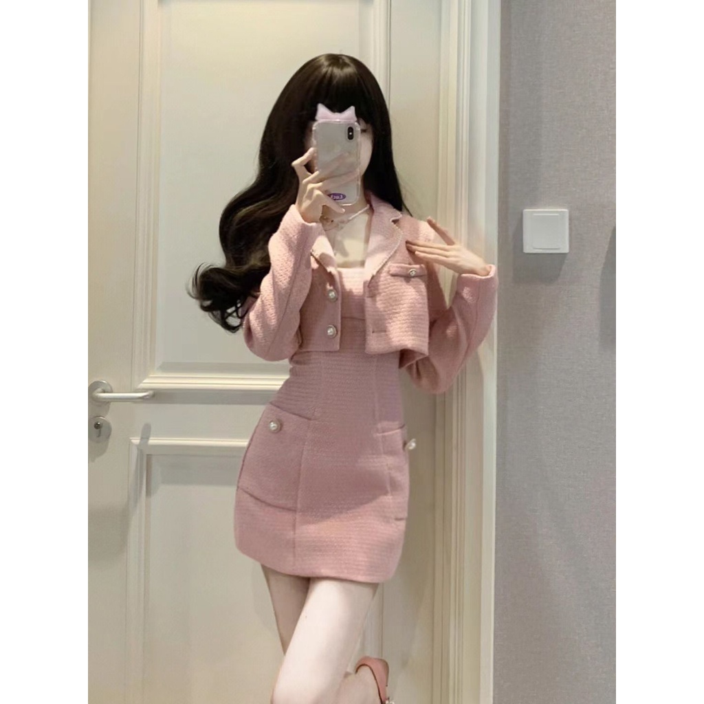 Bộ Áo Khoác + Đầm Hai Dây Dáng Chữ a Phong Cách Hàn Quốc Thời Trang Cho Nữ