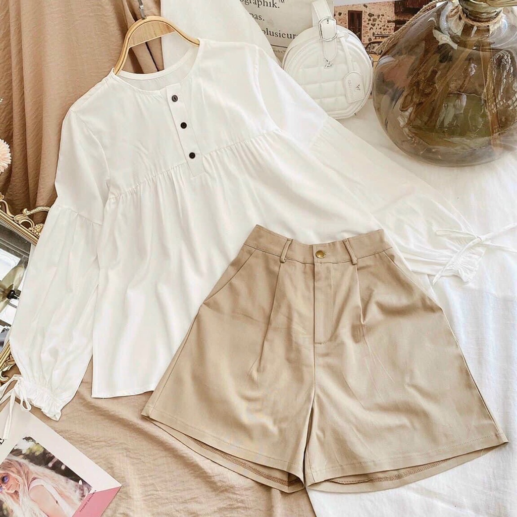 Set bộ quần áo nữ áo dài tay babydoll quần đùi chất kaki xinh xắn nhẹ nhàng chất mát PANOSI - B209