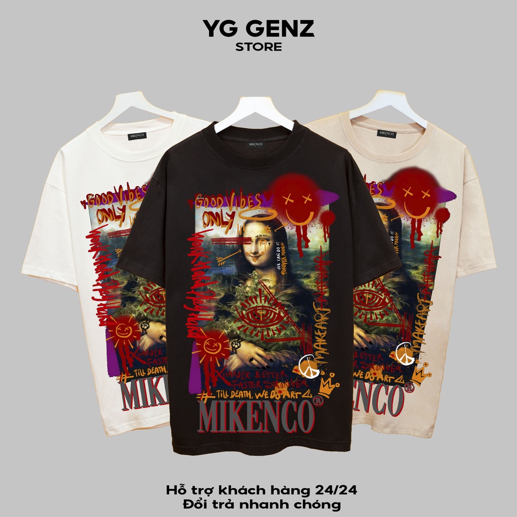Áo thun tay lỡ MIKENCO Nàng Mona Lisa  , Áo thun unisex nam nữ from rộng oversize chất liệu cotton